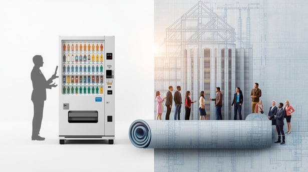 create an image for our blog post that would resonate this phrase - Hiring as a Transaction vs Hiring as a System_Q4 hiring treats recruitment like a vending machine. Money in, candidate out._Q1 hiring treats it l